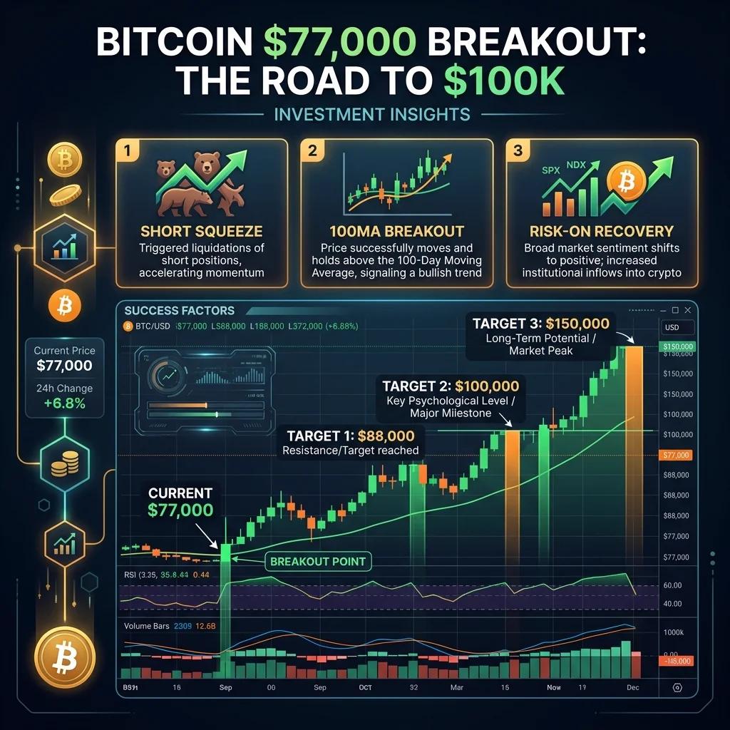 ビットコイン$77,000突破と将来予測のインフォグラフィック