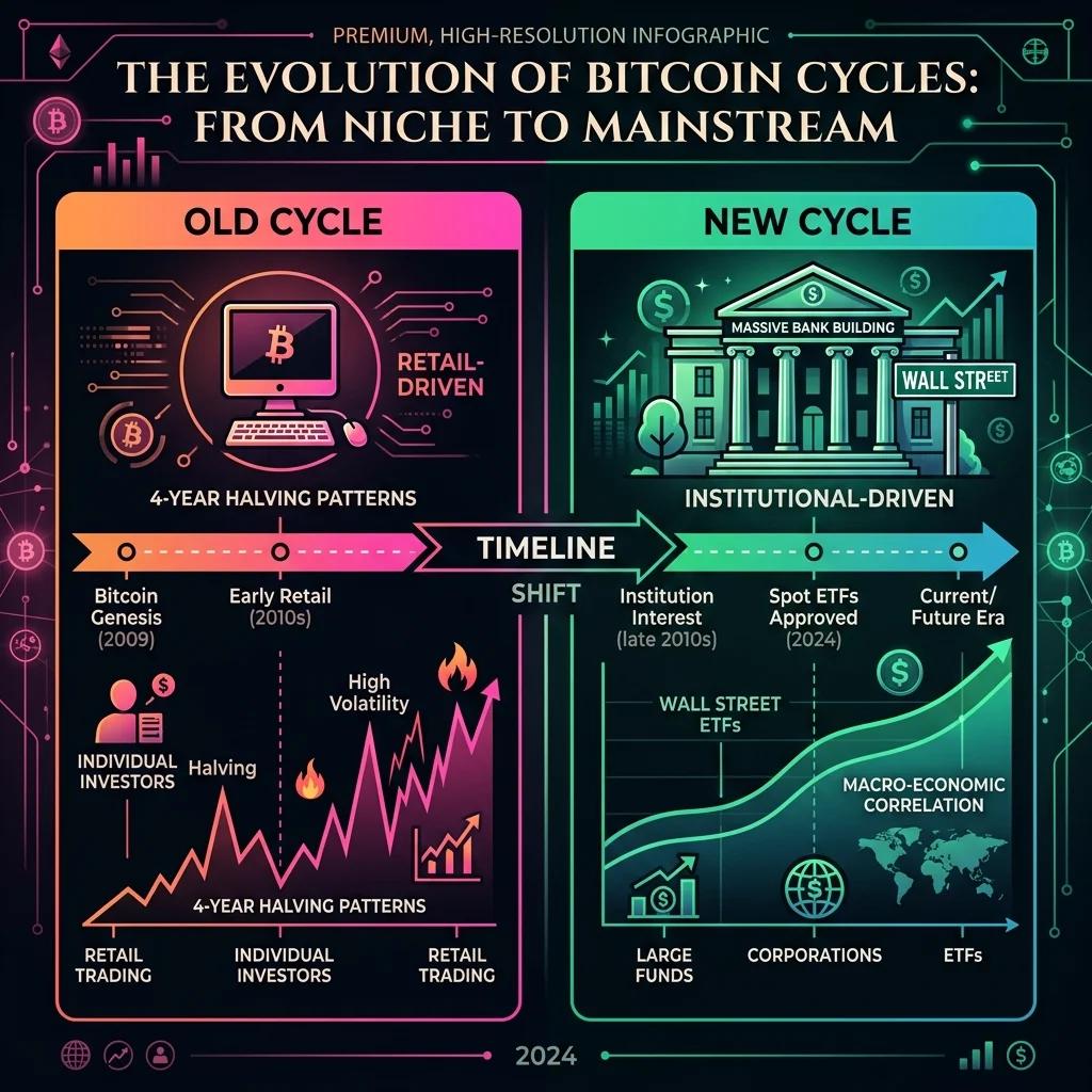 ビットコインサイクルの変遷図解:個人主導から機関投資家主導へ