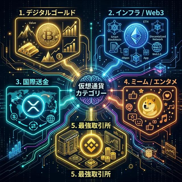 主要仮想通貨のカテゴリー別王者(図解)