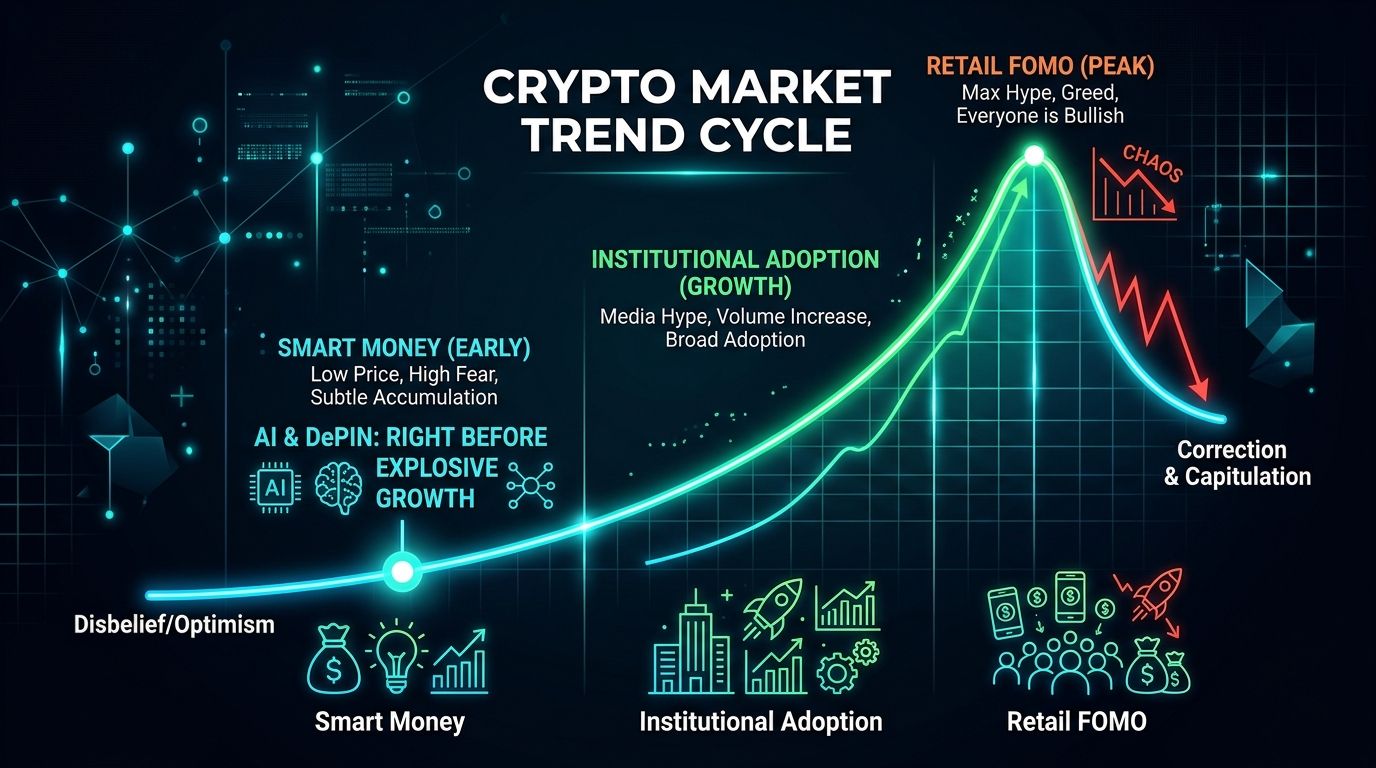 Crypto Market Trend Cycle showing AI & DePIN at early phase