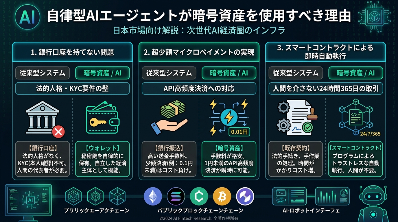 自律型AIエージェントが暗号資産を使用すべき理由のインフォグラフィック図解(銀行口座不可・マイクロペイメント・スマートコントラクト自動執行)