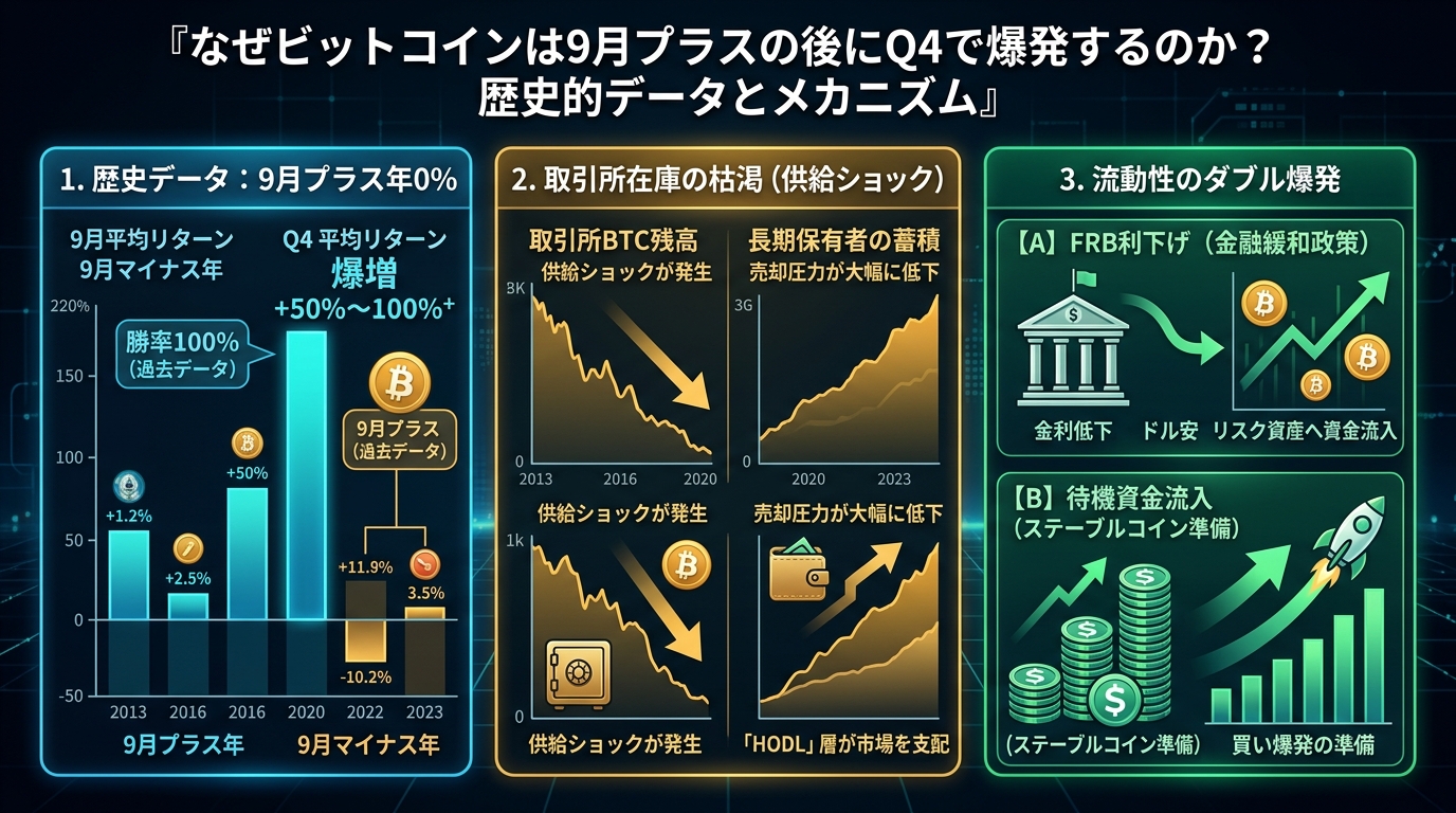 なぜビットコインは9月プラスの後にQ4で爆発するのか?歴史的データとメカニズムのインフォグラフィック図解